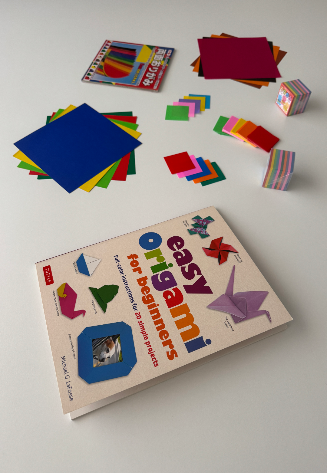 square origami paper of varying sizes, origami instructional book