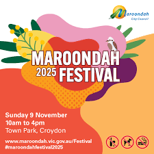 Maroondah Festival 2025 poster. Sunday 9 November, 10am-4pm at Realm Park, Ringwood.